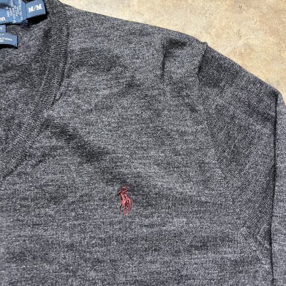 Vintage 90s Polo Ralph Lauren Grey Light Wool V-Neck Sweater - Picture 2 of 3